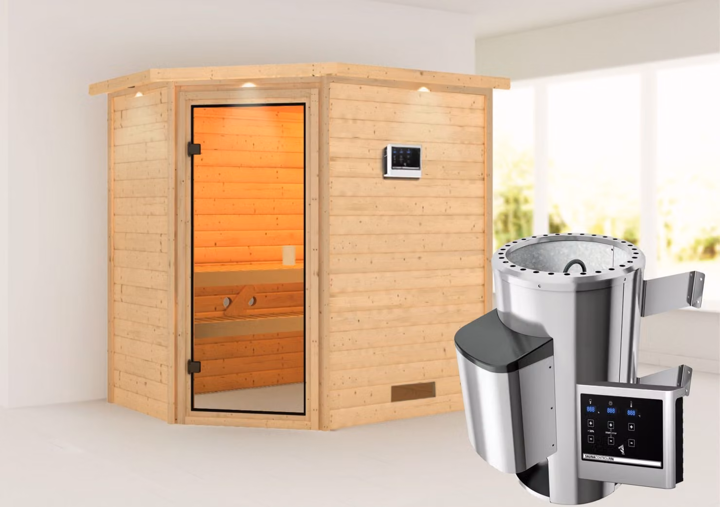 Sauna Woodfeeling Jella (ingresso ad angolo), porta tutto vetro, colore bronzo, riscaldatore 3,6 kW unità di controllo esterna