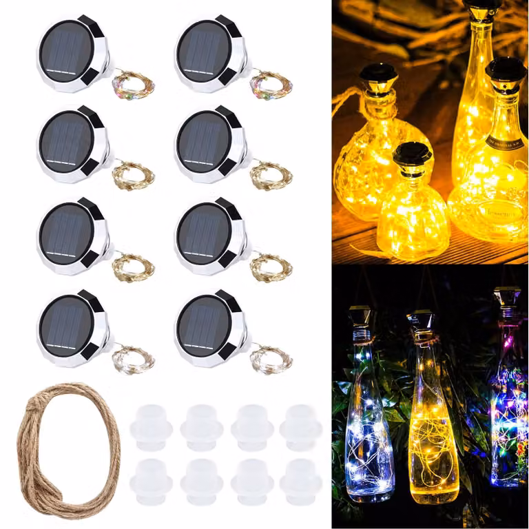 Lampade a LED per bottiglie, set da 8, 20 LED, alimentazione solare, 3 colori, ideali per decorazioni fai-da-te