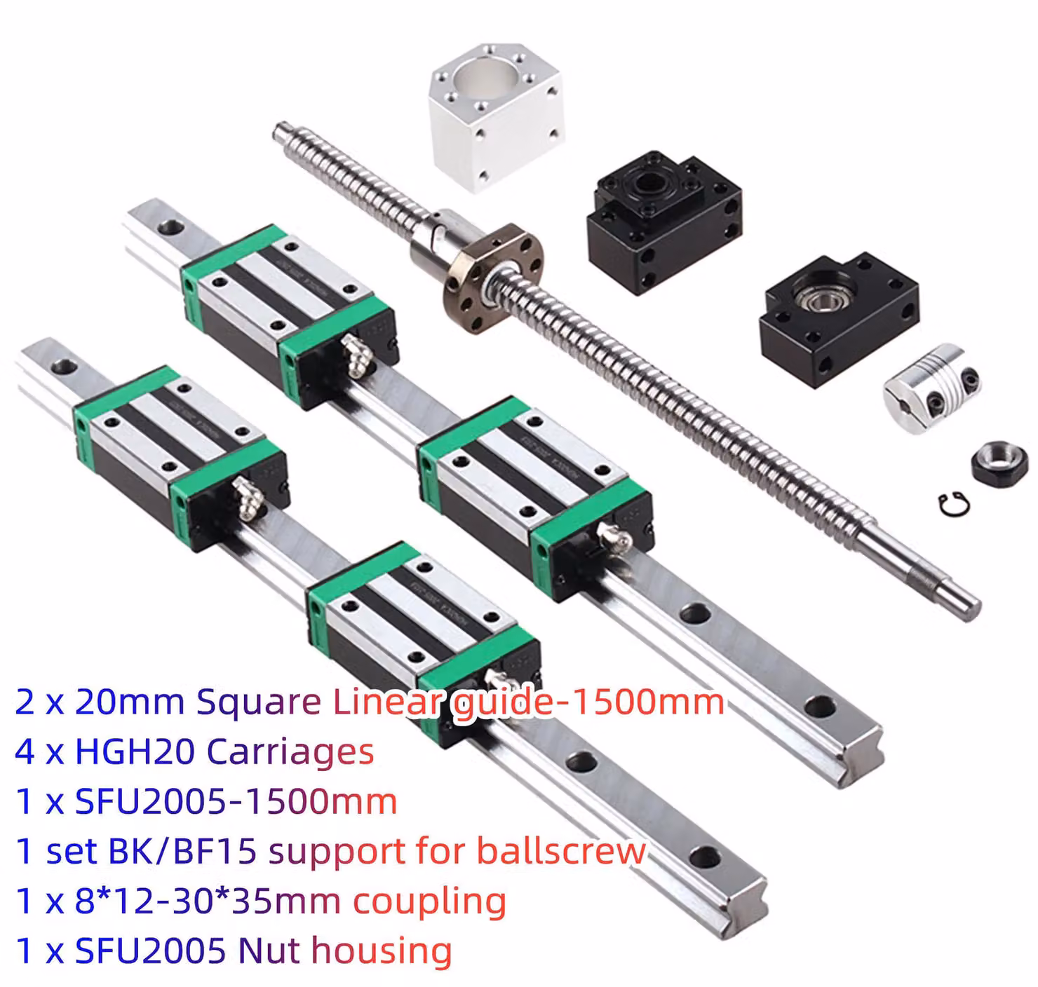 Kit per fresatrice CNC, guide lineari da 20 mm, sistema di trasmissione a vite a ricircolo di sfere, albero singolo da 1500 mm