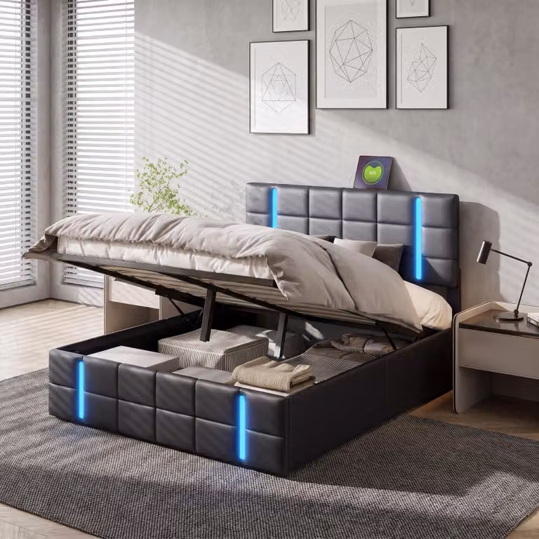 Letto imbottito INONEFT 160x200 cm con USB, letto box con sistema a molle e spazio contenitore, letto per ragazzi con spazio contenitore, ecopelle, nero