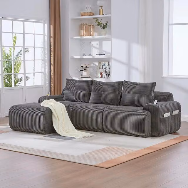 Divano modulare in velluto coste per 3 persone - Xylo - Grigio scuro - Con pouf, porta bevande, tascone laterale