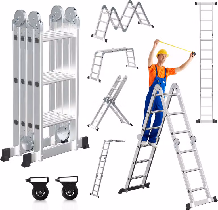 Scala multifunzione Ikodm 7in1, con 4 gradini per lato, altezza circa 360 cm / 3,6 metri, scala a sbarra in alluminio con 2 piattaforme, 2 ruote, portata massima 150 kg