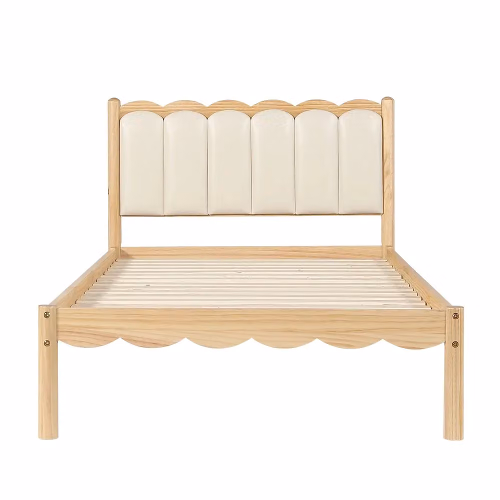 Letto singolo imbottito Minimal beige in similpelle con struttura in legno massello e rete a doghe L/P/H: 206.5 x 90 x 97 cm – 2