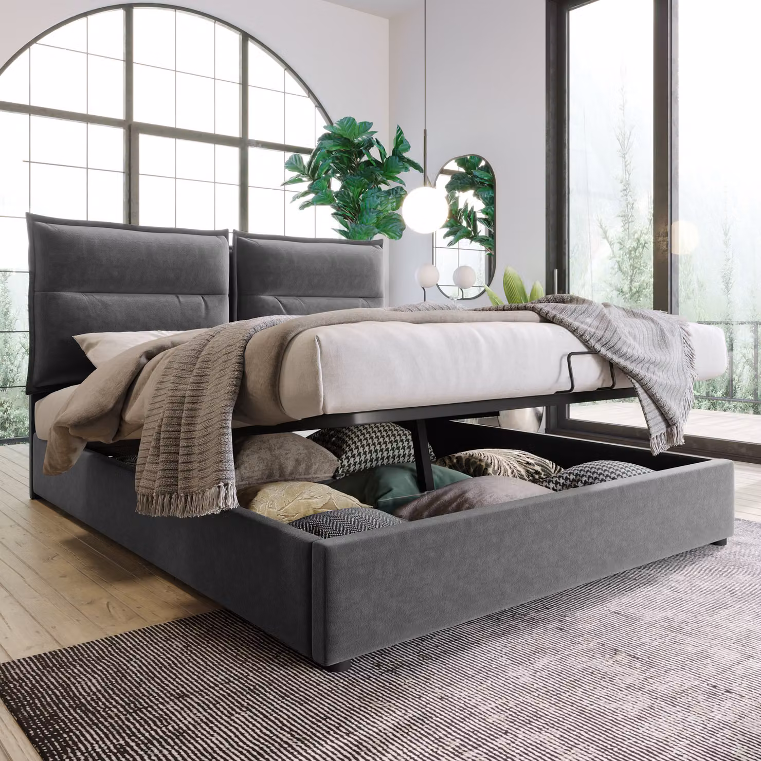 Letto imbottito Merax 140x200cm Letto funzionale idraulico con testata regolabile e contenitore, struttura in metallo a doghe, letto matrimoniale in velluto, grigio