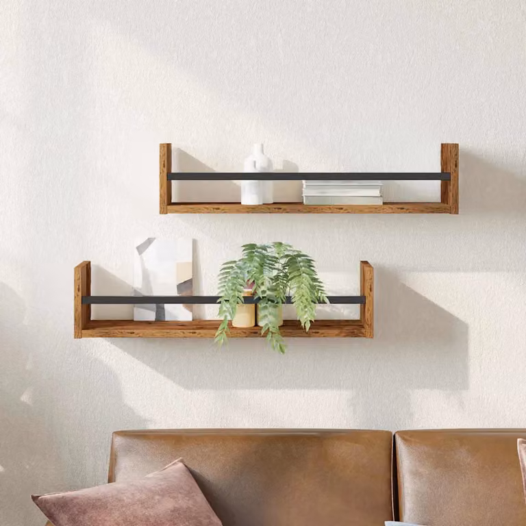 Set di 2 scaffali da parete vidaXL in legno vecchio e metallo, colore marrone, L: 60 cm, P: 16 cm, H: 14 cm