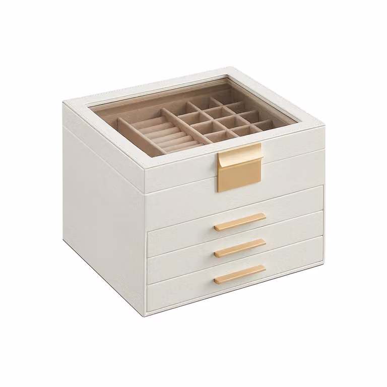 Portagioie con Coperchio 4 Ripiani 3 Cassetti Ideale Regalo Bianco Nuvola e Oro