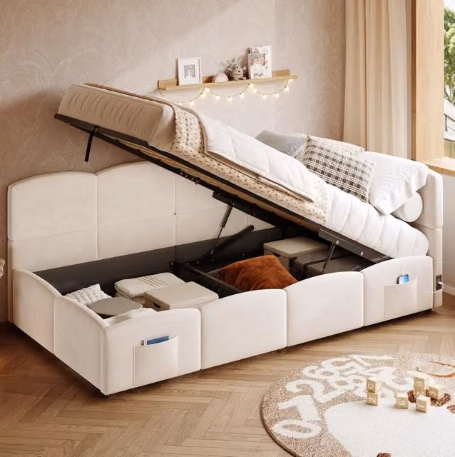 Divano letto con contenitore idraulico; USB-A/USB-C; velluto beige; per materasso 90x200 cm