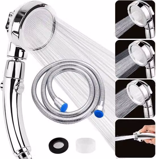 Ibenzoa® Doccia a risparmio idrico con tecnologia Micromund, che aumenta la pressione – soffione manuale con 3 getti, tubo in ABS cromato da 2 metri, rotazione a 360°