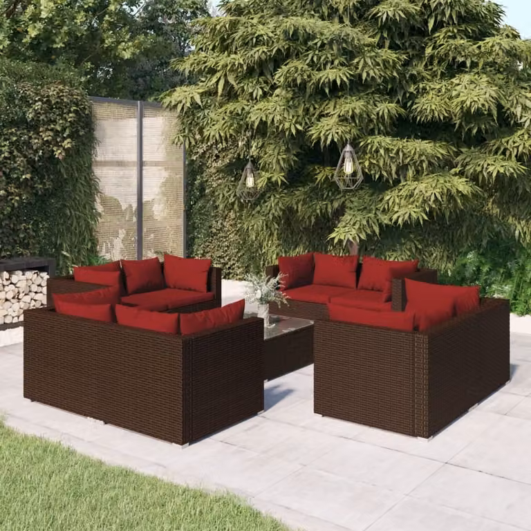 The Living Store Set da giardino 9 pezzi con cuscini in poly rattan marrone
