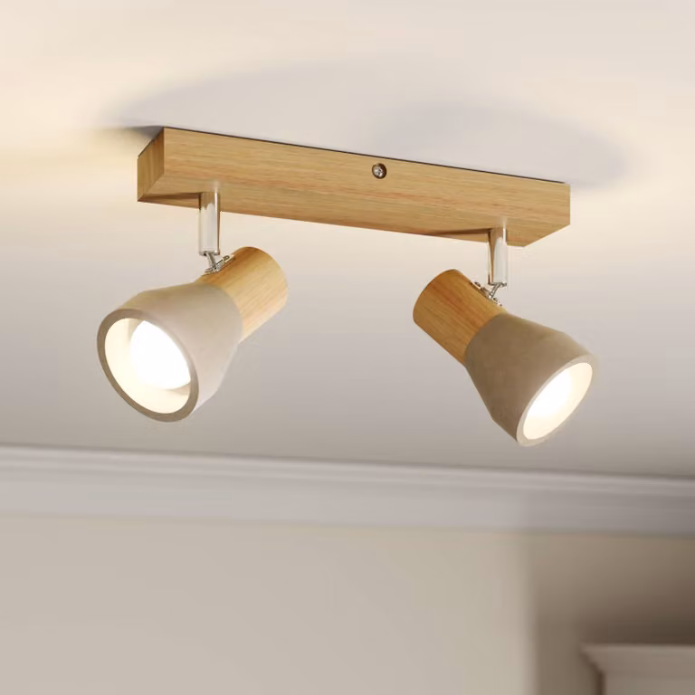 Lindby Filiz fatto, a 2 luci, 27 cm, legno, cemento, E14 Lindby, dimmerabile, Legno chiaro, Camera da letto, Legno, Scandinavo, Faretto