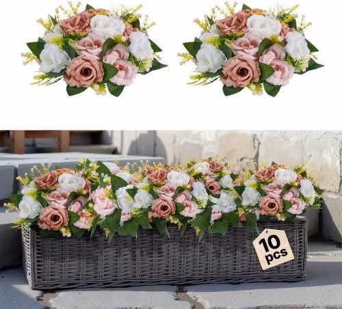 VEVOR Set di 10 Bouquet di Rose Artificiali per Centrotavola, Colore Bianco e Rosa, Diametro: 24 cm