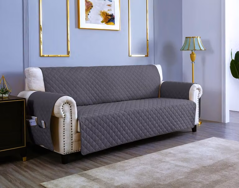 Omgoods - Copertura per divano, 4 posti, 220 cm, impermeabile, reversibile, con cuscino, color grigio scuro