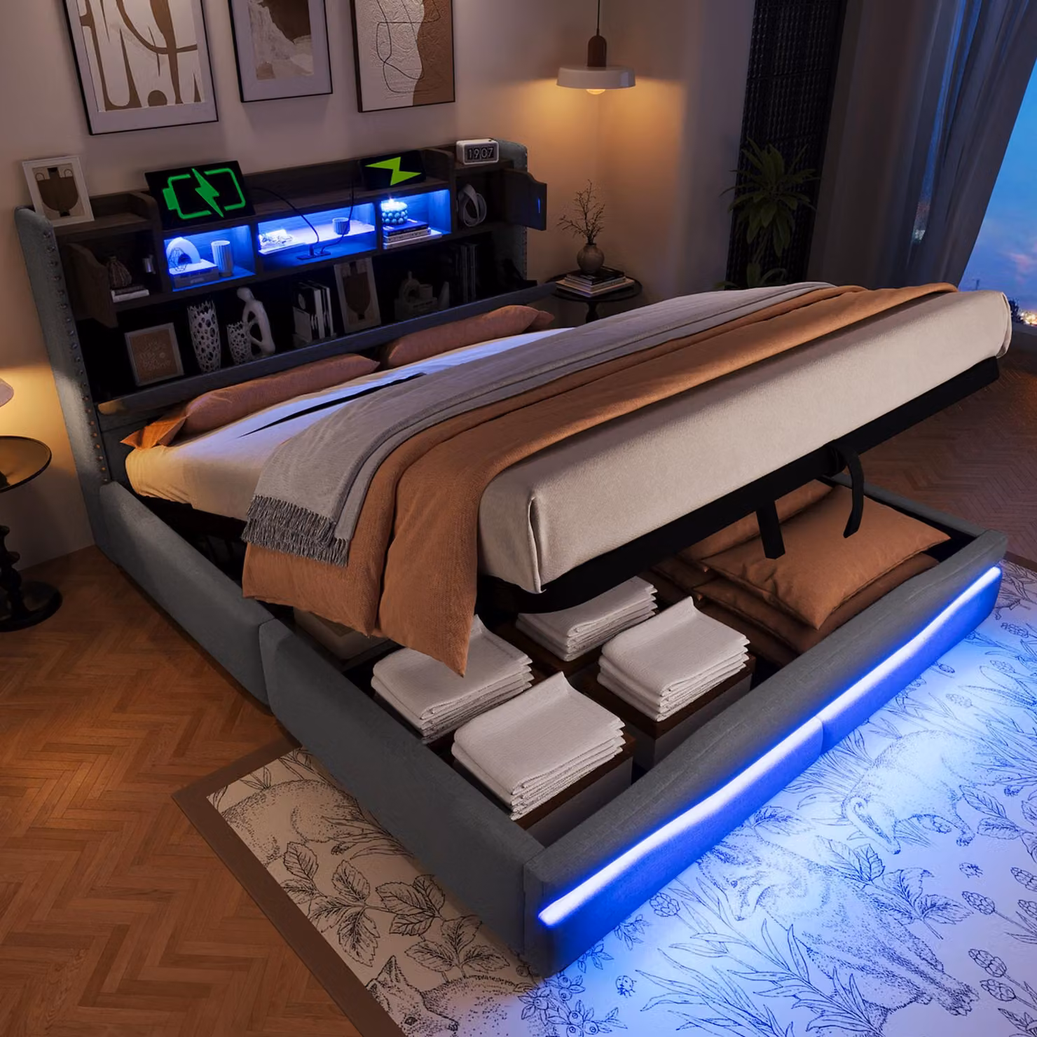 Letto imbottito Merax 160x200 cm, contenitore idraulico, striscia luminosa a LED con app, testata con ripiano e USB/Type-C, letto piano in lino, grigio