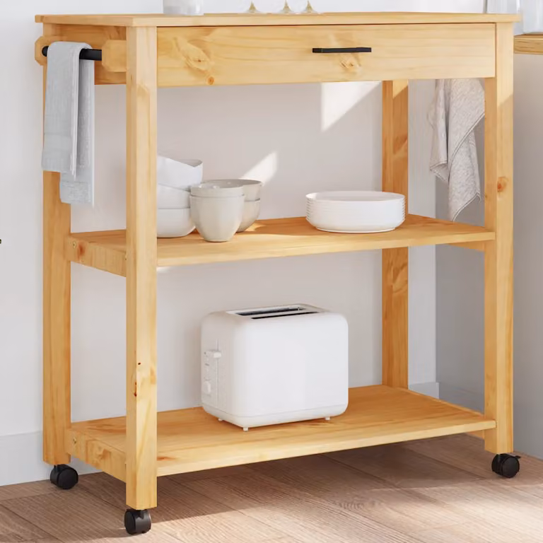 vidaXL Carrello da Cucina MONZA in Legno Massello di Pino, Colore Marrone, L/P/H: 84 x 40 x 88,5 cm