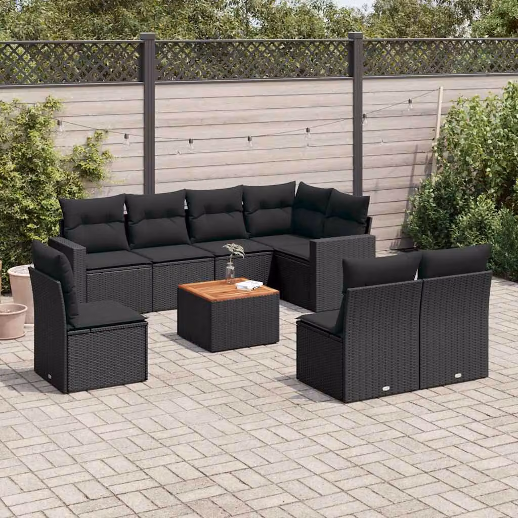 vidaXL Set Divani da Giardino 9 pz in Polyrattan Nero con Cuscini e Tavolino da Caffè – 1