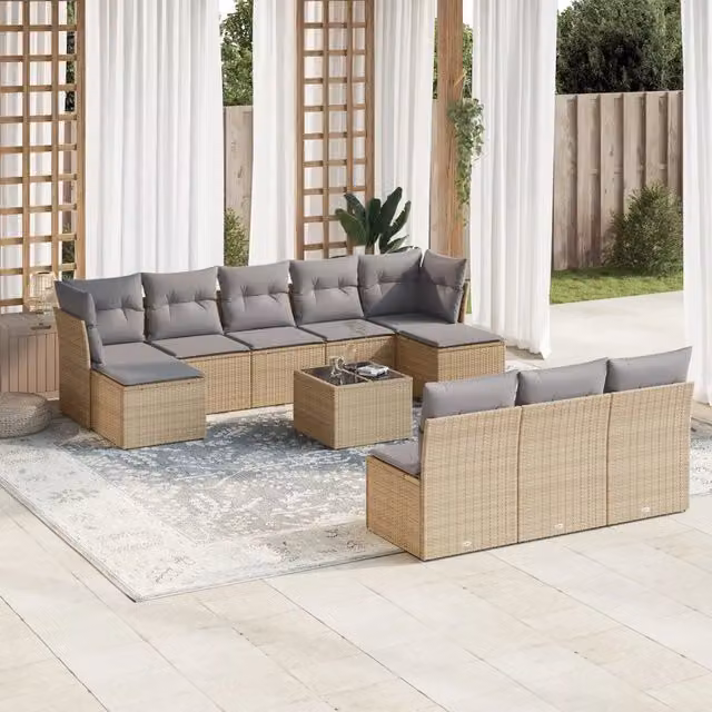 vidaXL Set Divani da Giardino 11 pz in Polyrattan con Cuscini Beige e Tavolino in Vetro – 1