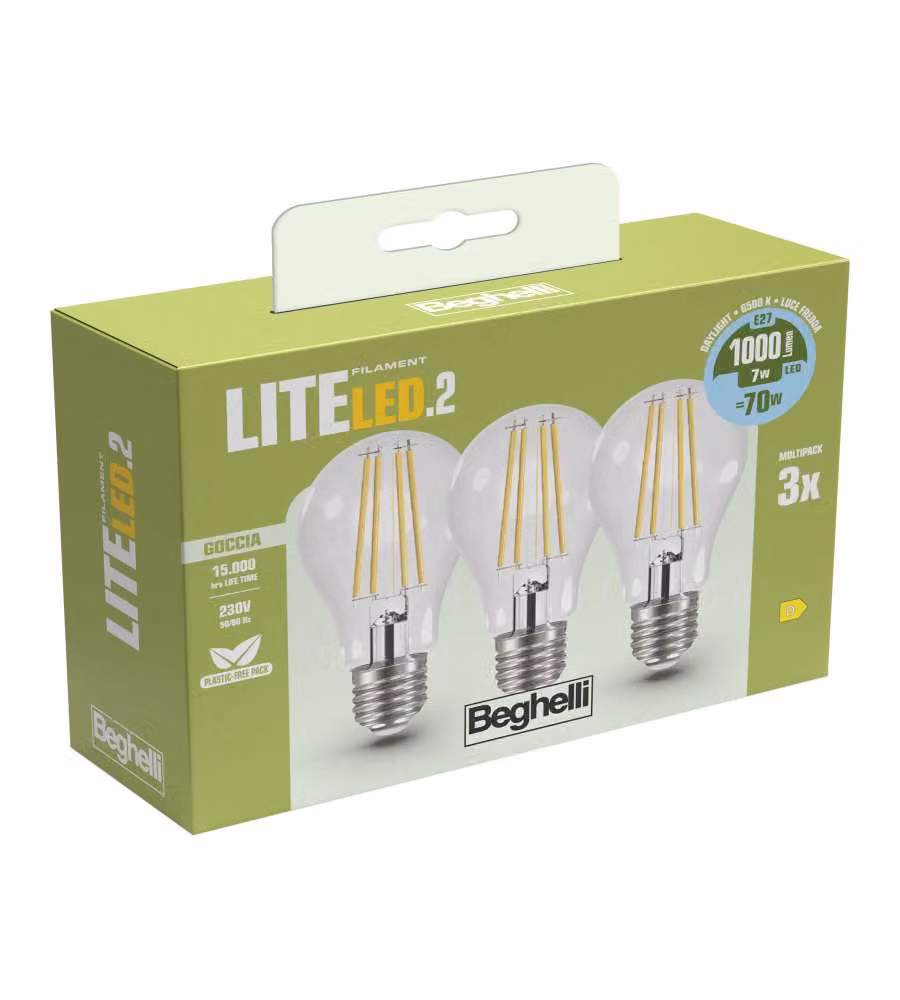 Beghelli 3 Lampadine Lite Led Goccia E27 - 7W 1000lm 6500K