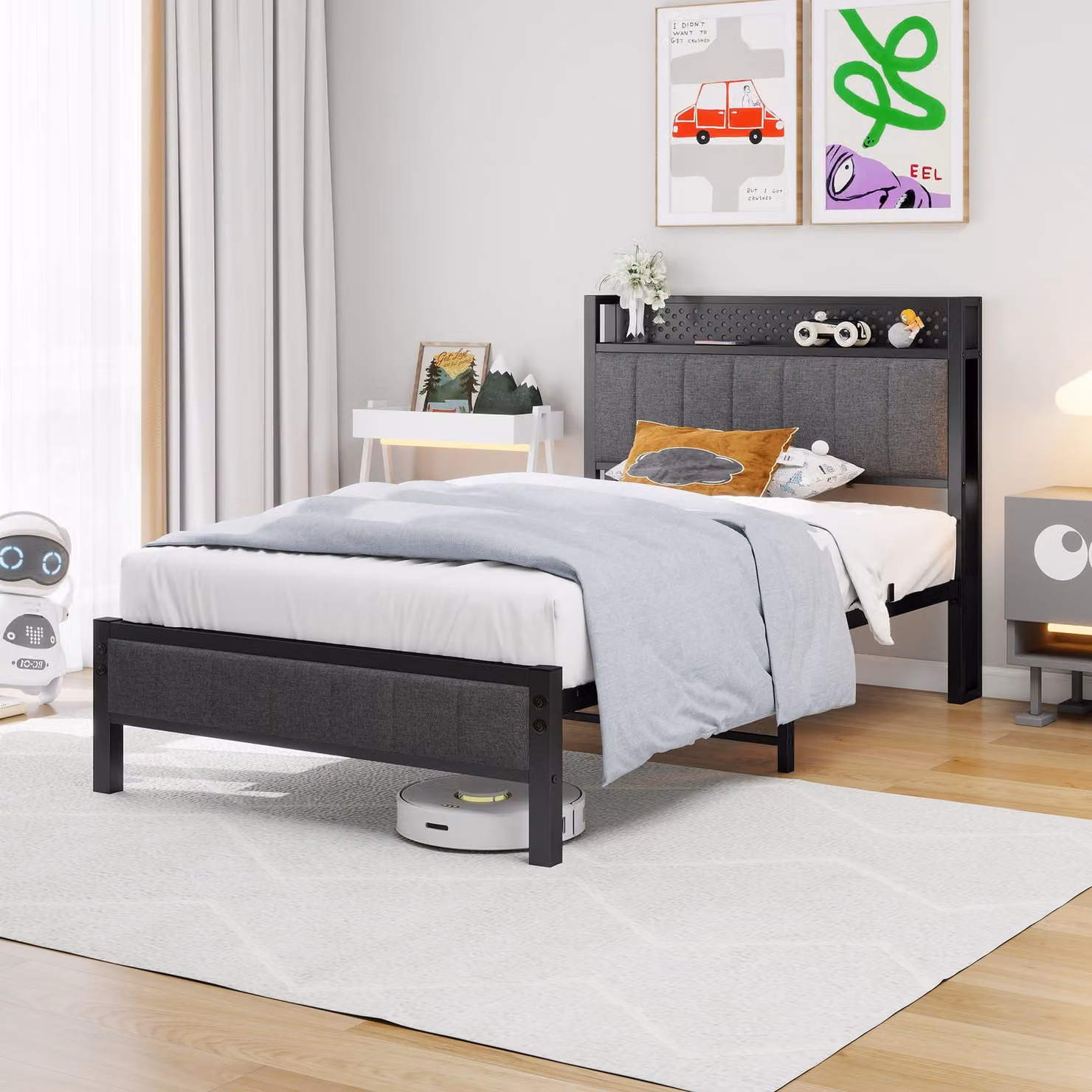 Struttura letto singola con poggiatesta e ripiano, dimensioni 190x90 cm, metallo, grigio