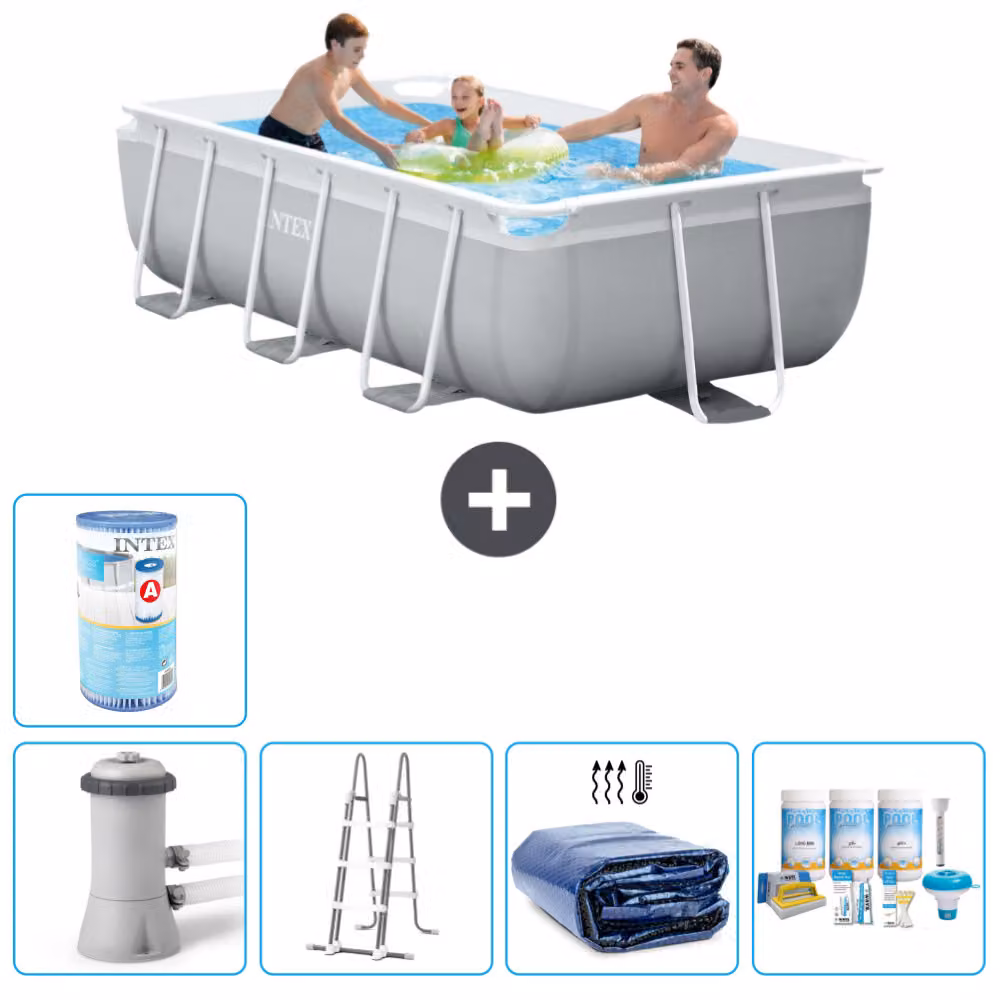 Piscina Intex con struttura a prisma rettangolare - 300 x 175 x 80 cm - grigio - inclusa pompa - scala - tenda da sole - pacchetto manutenzione - filtro