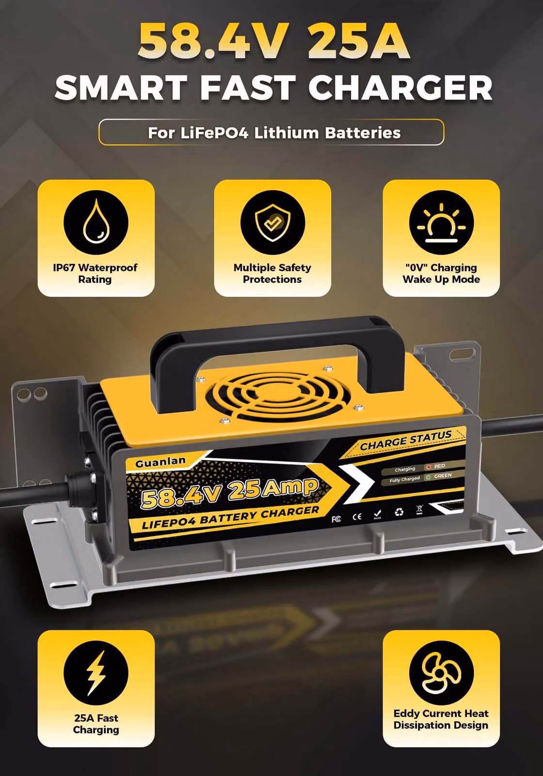 Caricabatterie Acculader 58,4 V, 25 A, tecnologia LiFePO4 - Batteria al litio da 48 V - Potenza di 25 Ampere - Impermeabile IP67 - Adatta per camper, imbarcazioni e sistemi solari