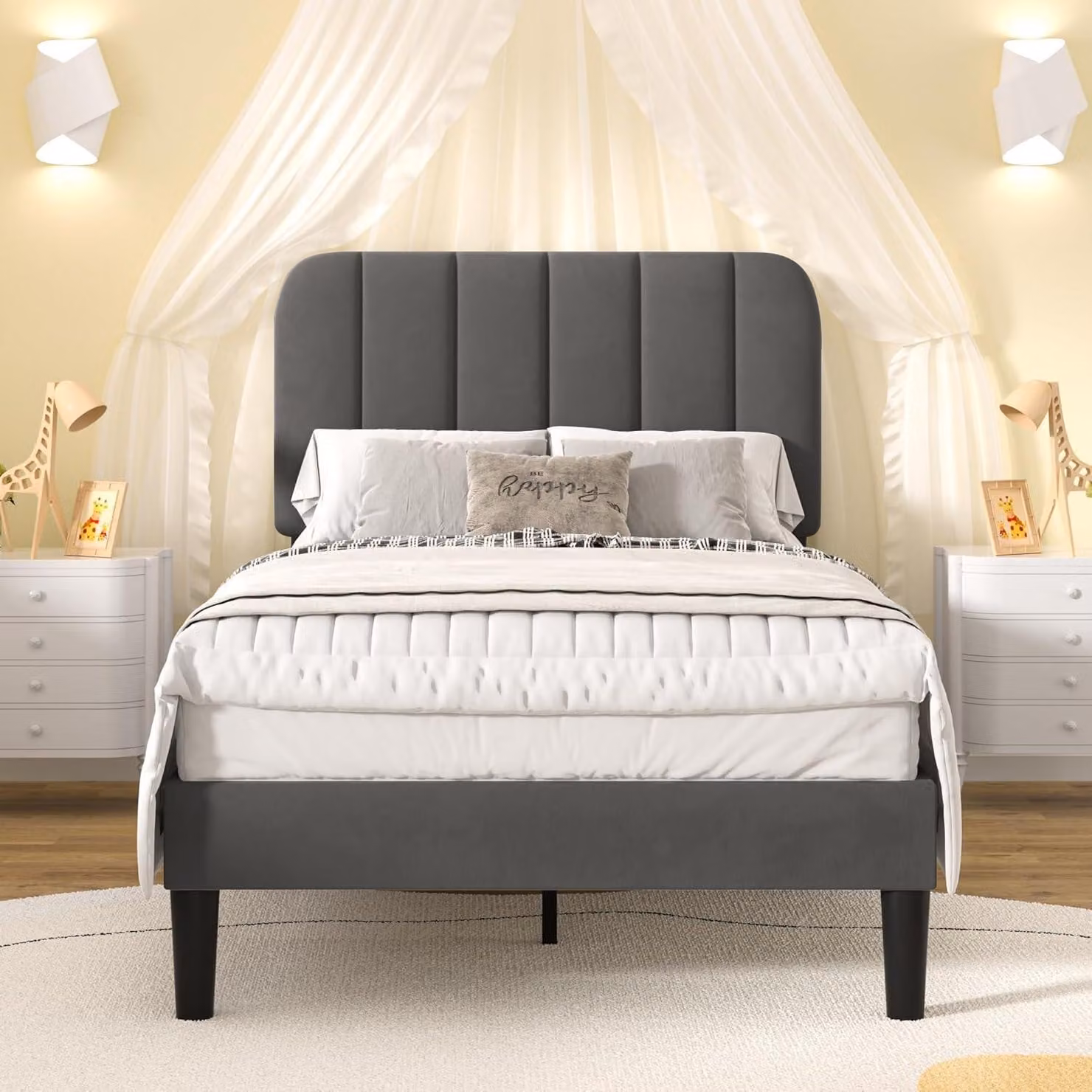Letto imbottito VECELO, 90x200 cm, con rete a doghe, schienale e rivestito in velluto delicato sulla pelle