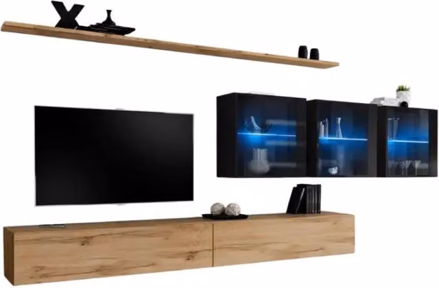 Composizione murale SWITCH XVII – Doppio mobile TV, cubi vetrati LED e mensole – Rovere Wotan e nero lucido