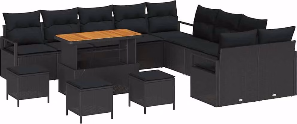 Set Divano da Giardino con cuscino 14 pcs Nero polyrattan