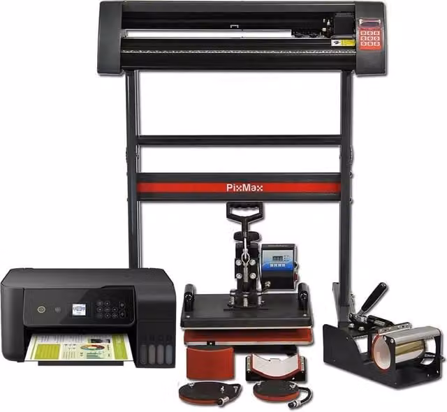 PixMax Sistema 5 in 1 per Sublimazione con Plotter da Taglio Vinile, Stampante Inkjet e Presse a Caldo