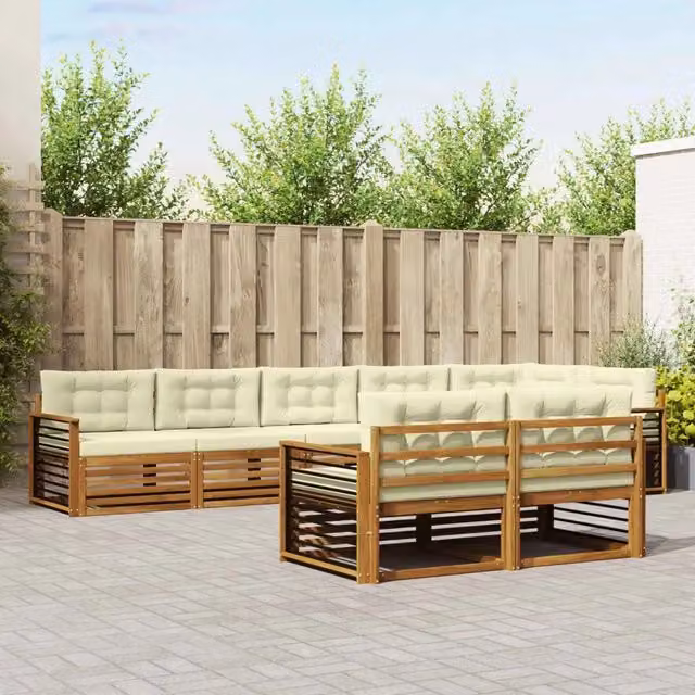 Set di divani da esterno a L vidaXL in legno di acacia con cuscini beige e bianco per giardino e terrazza – 1