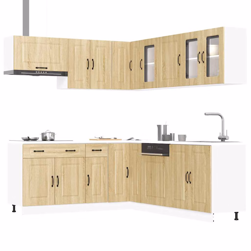 Set di mobili da cucina Kalmar vidaXL composto da 11 pezzi in stile moderno, colore bianco e marrone, con ante a cerniera e ripiani aperti