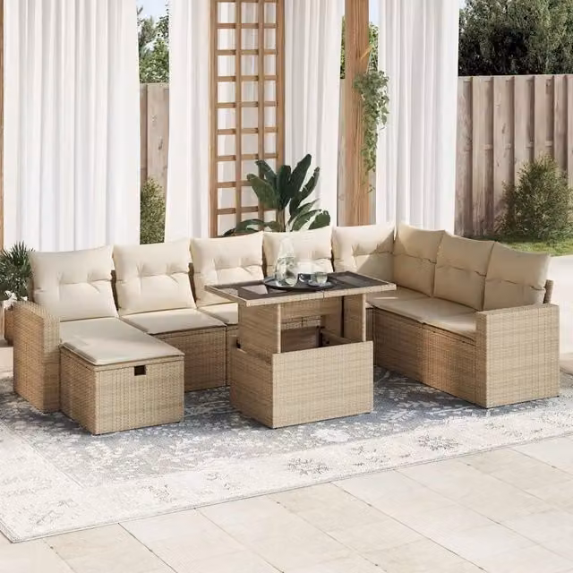 Set Divano da Giardino 9 pz vidaXL con Cuscini Beige e Tavolino in Polyrattan e Metallo – 1