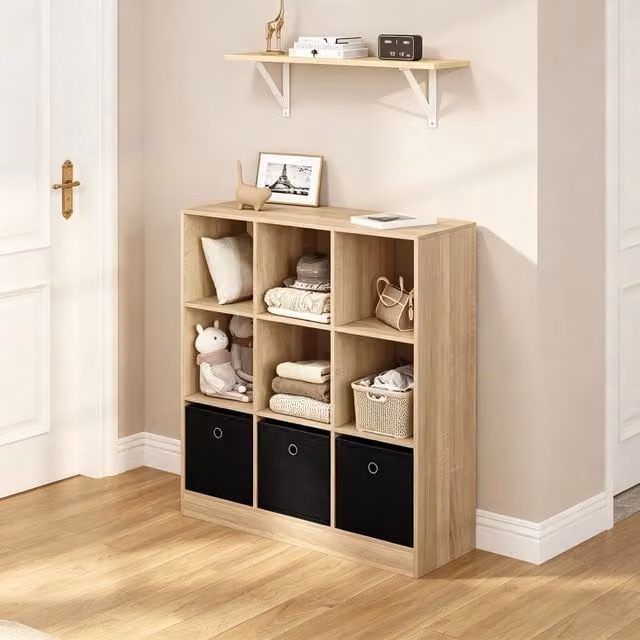 Libreria OKWISH moderna con 3 cassetti in tessuto e vani contenitore in legno e MDF, nero e rovere chiaro, L: 86.5 cm, P: 30.0 cm, H: 30.0 cm