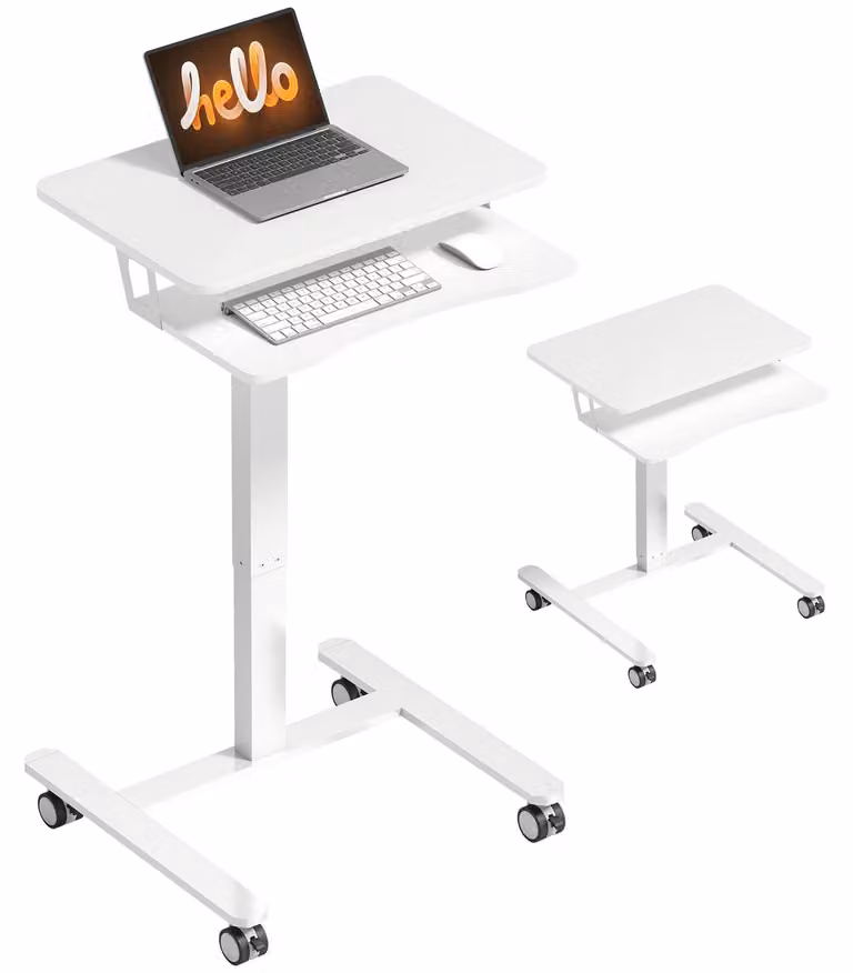 HOMCOM - Tavolo regolabile in altezza per laptop, da 71 a 107 cm, con rotelle, supporto per tastiera, colore bianco