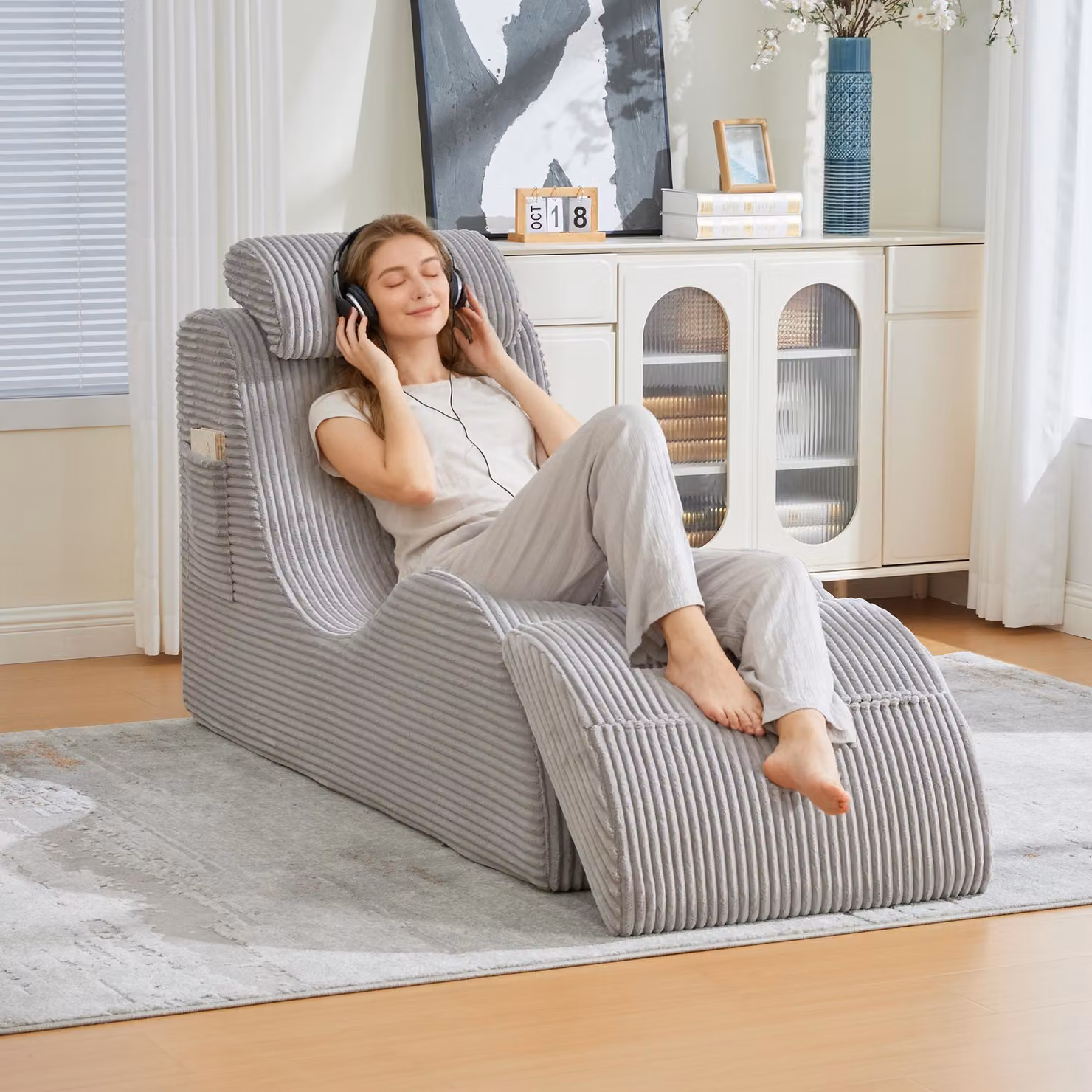 LVHOM Lettino imbottito con cuscini e poggiapiedi sfoderabili, chaise longue, reclinabile con funzione letto, tessuto a coste, grigio chiaro