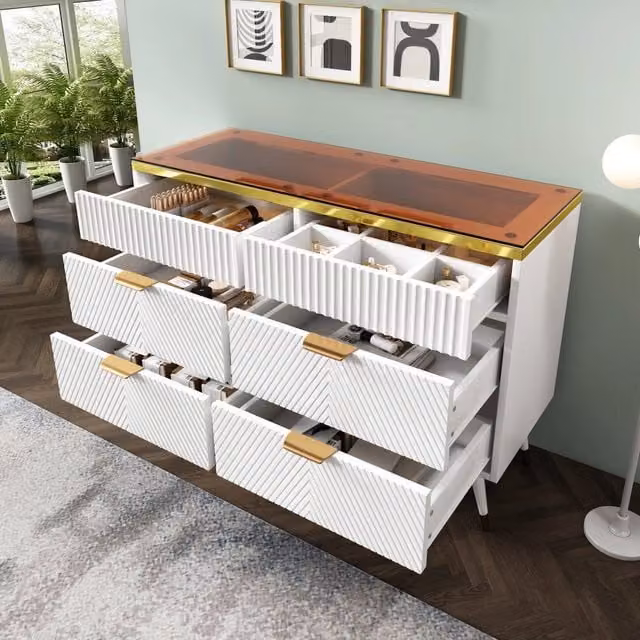 Comò con 6 cassetti e divisori estraibili piano in vetro marrone per camera da letto bianco 120 × 40 × 76 cm
