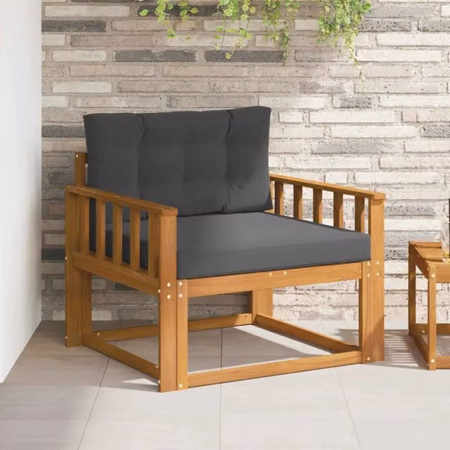 Divano centrale componibile per esterno in legno di acacia con cuscini, colori marrone e grigio – 1