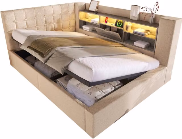 Letto matrimoniale 140x200 cm con contenitore; testiera a L reversibile; LED e porte USB; beige