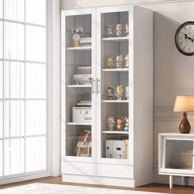 Armadio alto bianco con 2 cassetti, ante in vetro, per ufficio, archivio o collezioni, 80x40x160 cm