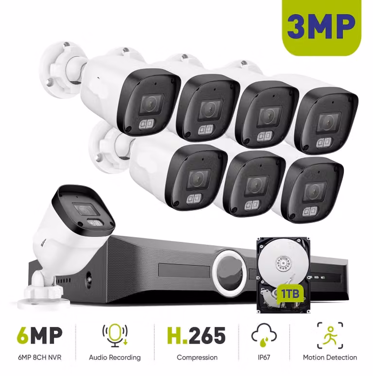Kit di sicurezza IP a 8 canali – Sistema di videosorveglianza con telecamere da 3MP, visione notturna e registratore PoE