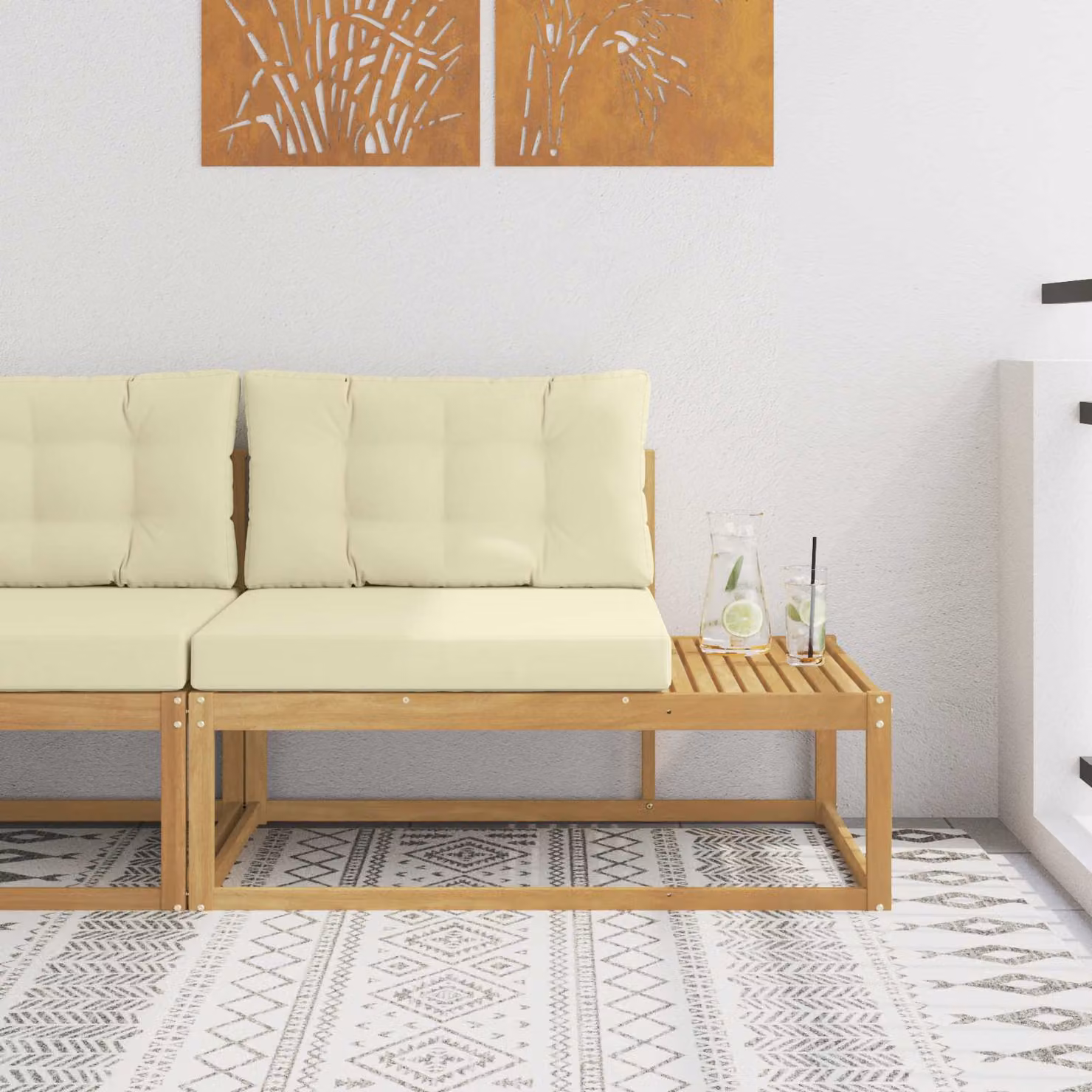 Divano da esterno moderno vidaXL in legno di acacia con cuscini, Bianco, L: 115 cm, P: 83 cm, H: 73 cm