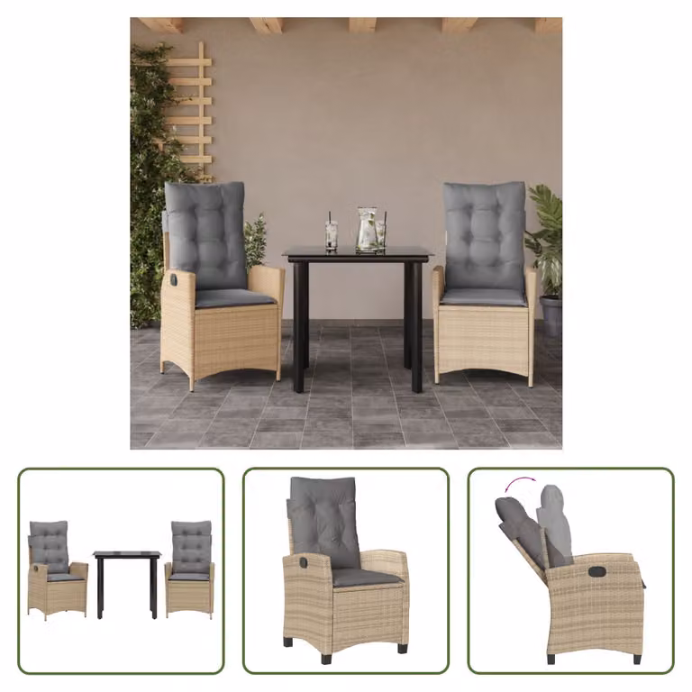 The Living Store Set da pranzo da giardino 3 pezzi con cuscini Beige poly rattan