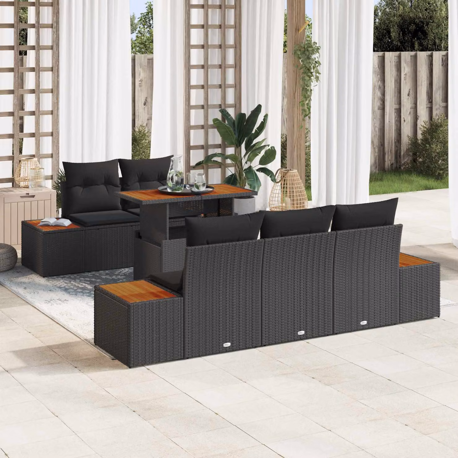 Set Divano da Giardino vidaXL 6 Pezzi in Polyrattan Nero con Cuscini e Funzione Archiviazione – 1
