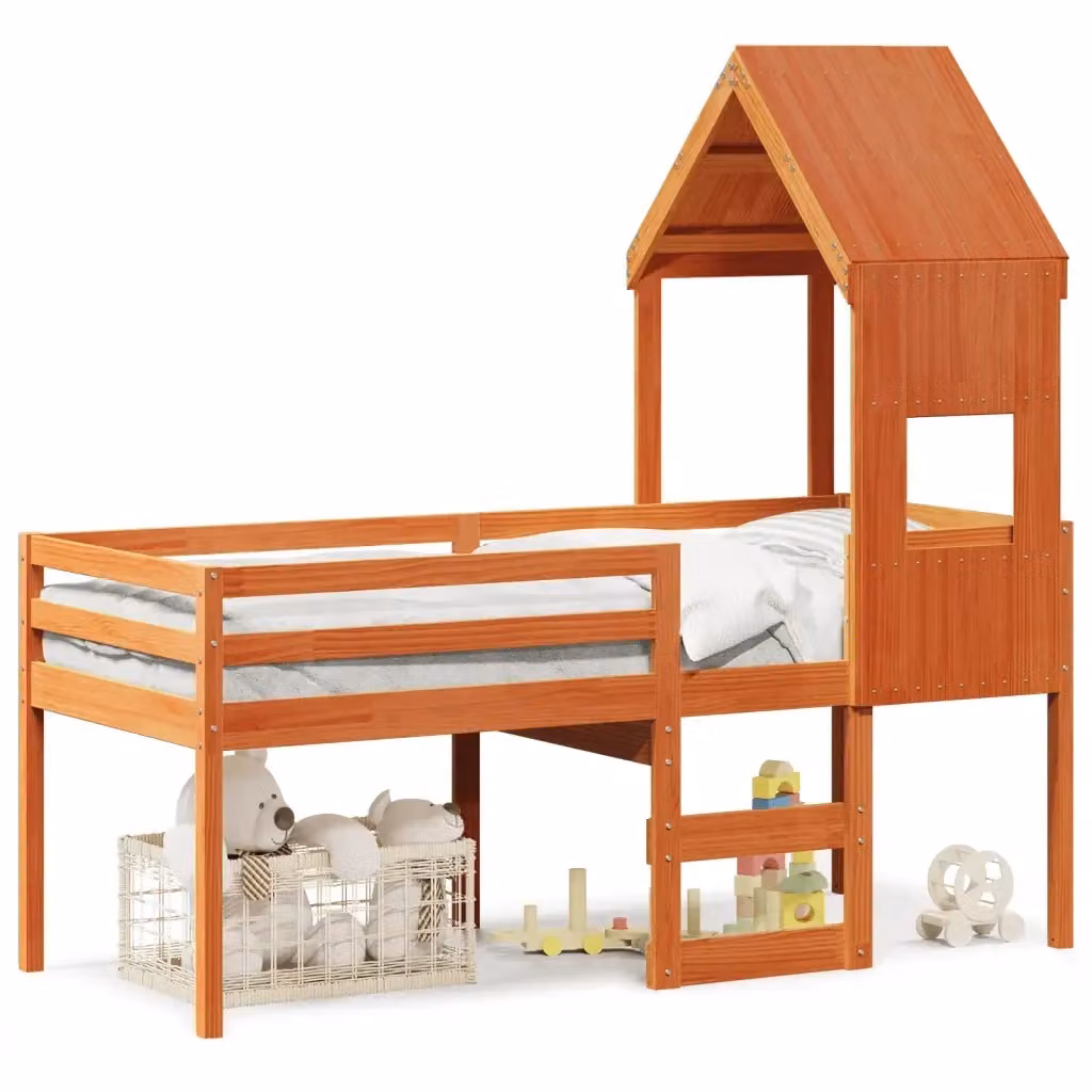 vidaXL Letto a Soppalco per Bambini con Struttura a Casetta in Legno di Pino Massello Cera Marrone L: 195,5 cm, P: 80,5 cm, H: 176,7 cm – 2