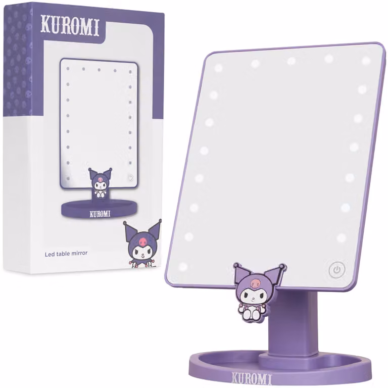 Specchio da trucco LED a tema Kuromi, con vano portaoggetti, 28 cm, alimentato a batteria