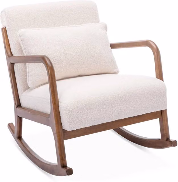 Poltrona a dondolo scandinava Sweeek in legno massello e tessuto bouclé bianco con braccioli