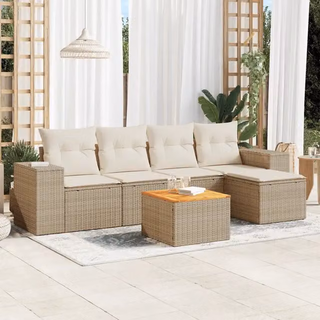 Set Divano da Giardino Moderno VIDAXL in Polyrattan con Cuscini Beige, 6 Posti, Forma a L