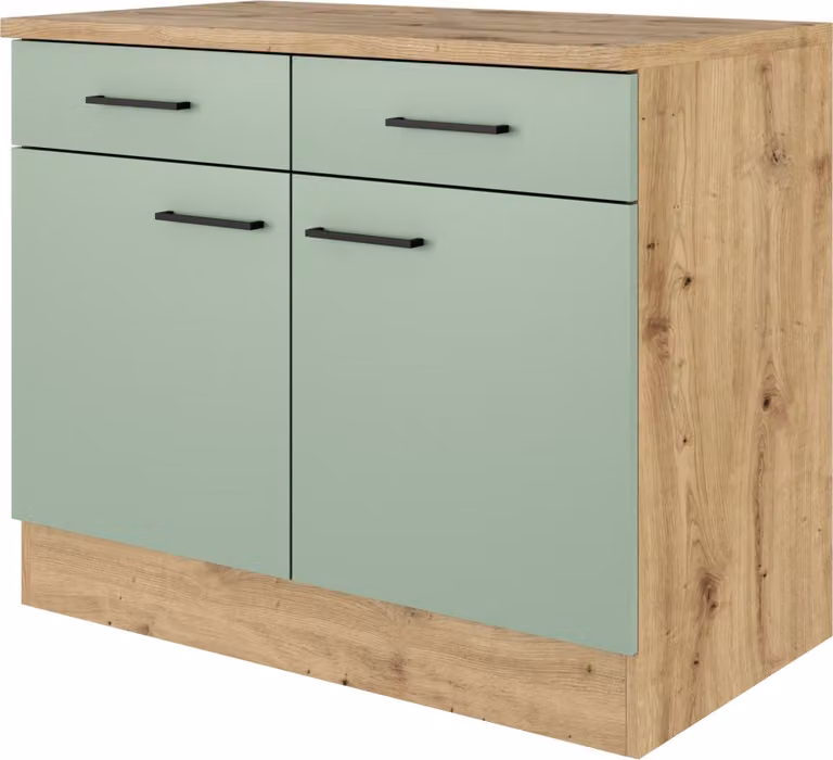 Mobile da cucina con ante e cassetti Flex Well Cara LxHxP 100 x 60 x 85 cm colore frontale verde opaco colore corpo rovere chiaro