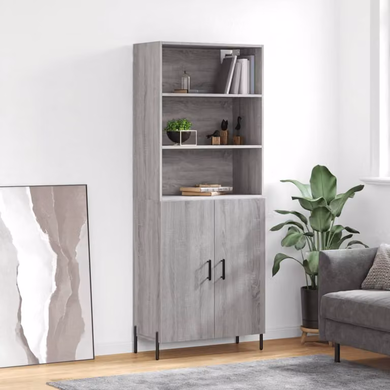 Credenza moderna vidaXL in legno e metallo, Grigio, L: 69,5 cm, P: 34 cm, H: 180 cm