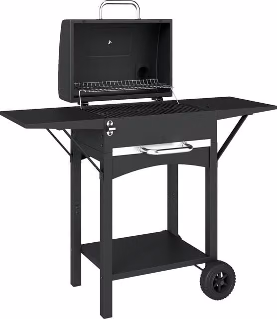 Barbecue a carbone Outsunny con 2 ripiani laterali, termometro, coperchio e ruote, Nero, L 110 cm x P 46.5 cm x H 101 cm