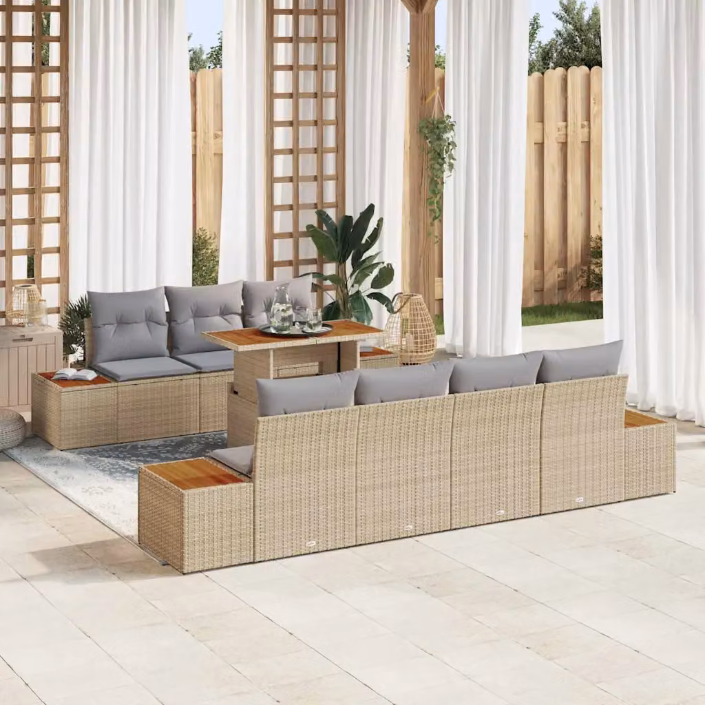 Set Divano da Giardino vidaXL 8 Pezzi in Polyrattan Beige con Cuscini e Tavolino da Caffè